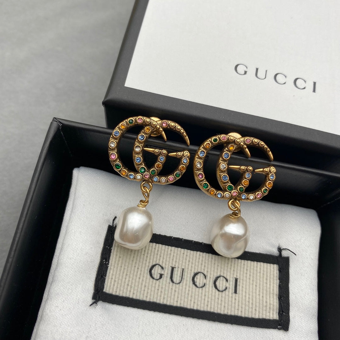 2025 Fashion Double Colored Diamond Pendant Pearl Earrings