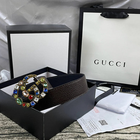 2025 4 Colors  double G seven-color rhinestone double-sided lychee pattern belt