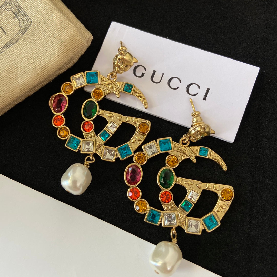 2025 Tiger Head Fancy Diamond Pearl Earrings