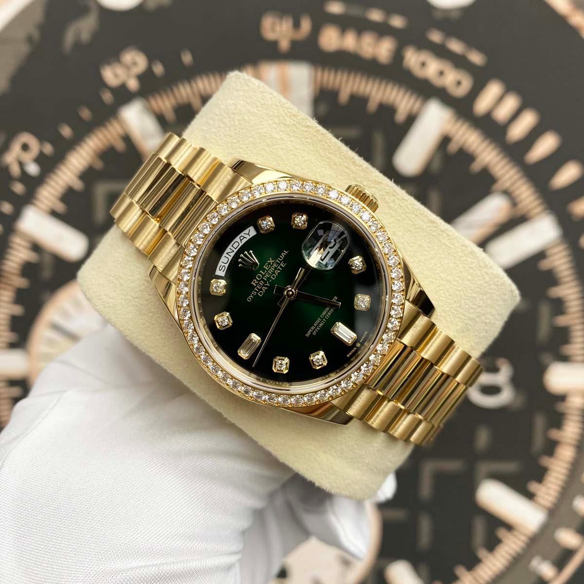 Day-Date Green Ombre Diamond Dial Diamond Bezel 36mm 128348RBR Pre-Owned Watch