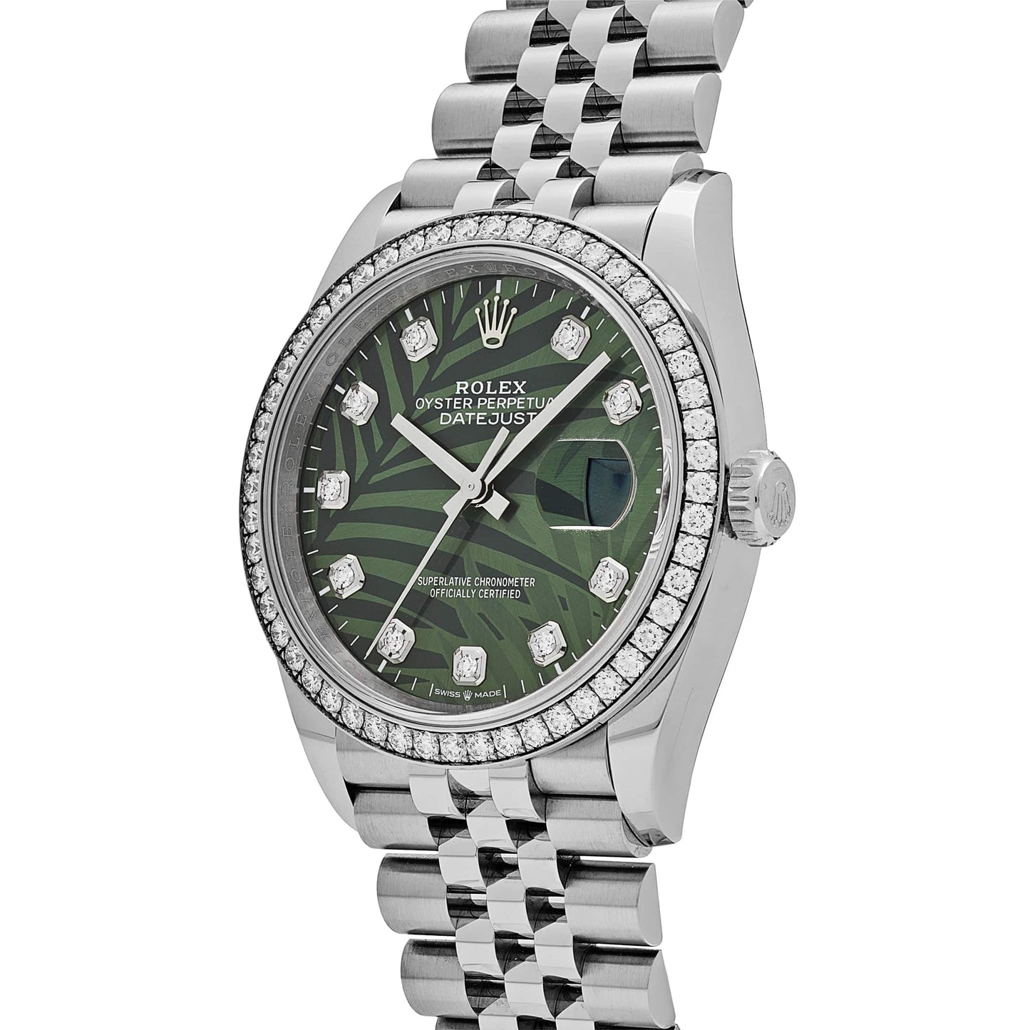 2025 Watch Datejust 126284RBR Stainless Steel Green Palm Frond Diamond Dial Diamond Bezel